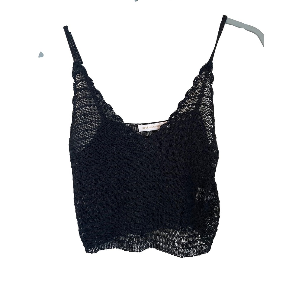Pookie & Sebastian Black Sheer Crochet Knit Crop Cami Top Size S Boho Festival